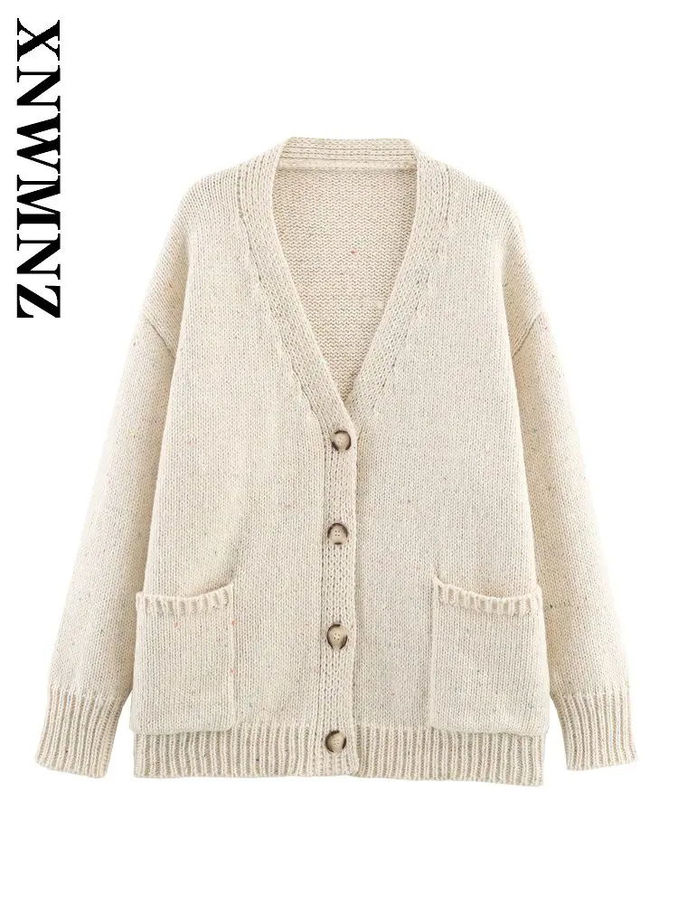 

XNWMNZ 2025 осенний женский повседневный простой вязаный кардиган с длинными рукавами, винтажный универсальный зимний женский свитер с v-образным воротником для поездок на работу