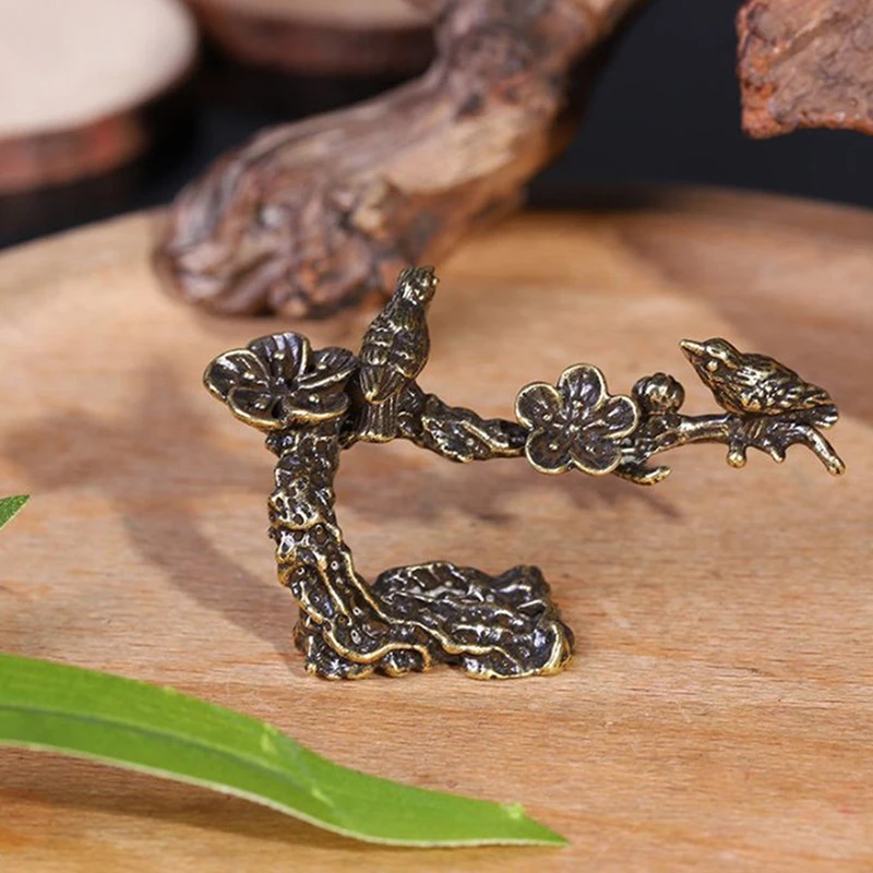 Pure Copper Plum Tree Happy Magpie Bird Miniature Ornaments Antique Brass Cuckoo Figurine Tea Table Decorations Desk Decor Craft