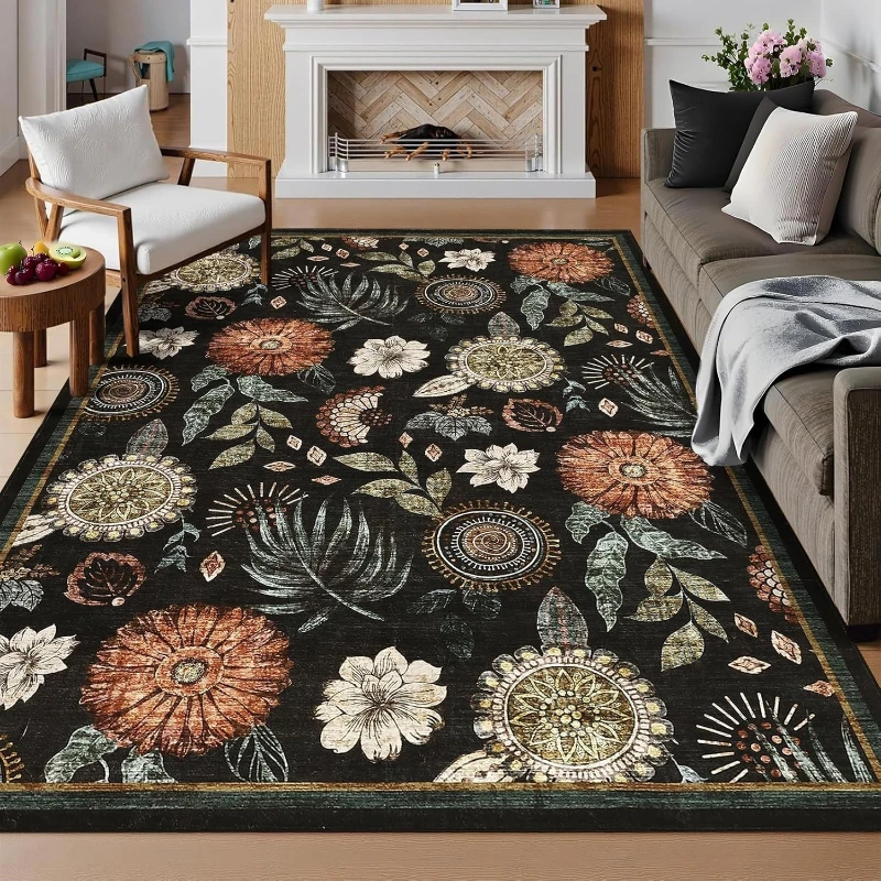 Vintage Flower Pattern Living Room Carpet Bohemian Style Home Decor Bedside Rug Machine Washable Non-slip Coffee Table Floor Mat