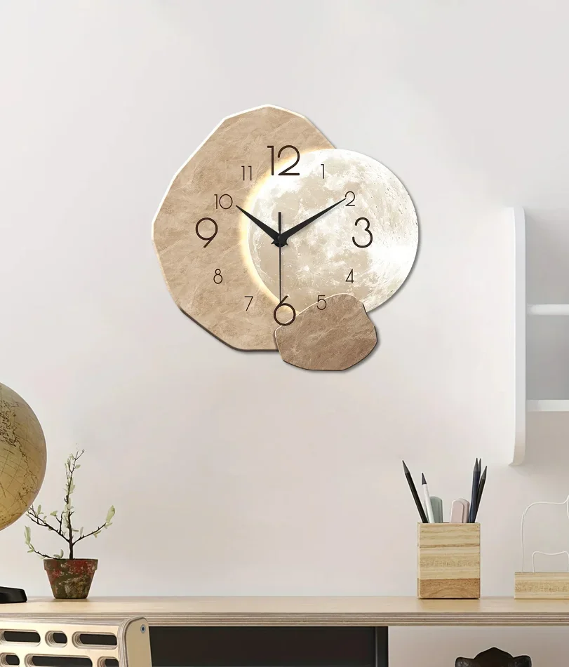 Modern Simple Silent Wall Clock, Moon Design - Quartz Movement, Wooden Material, for Bedroom, Living Room or Office Decoration