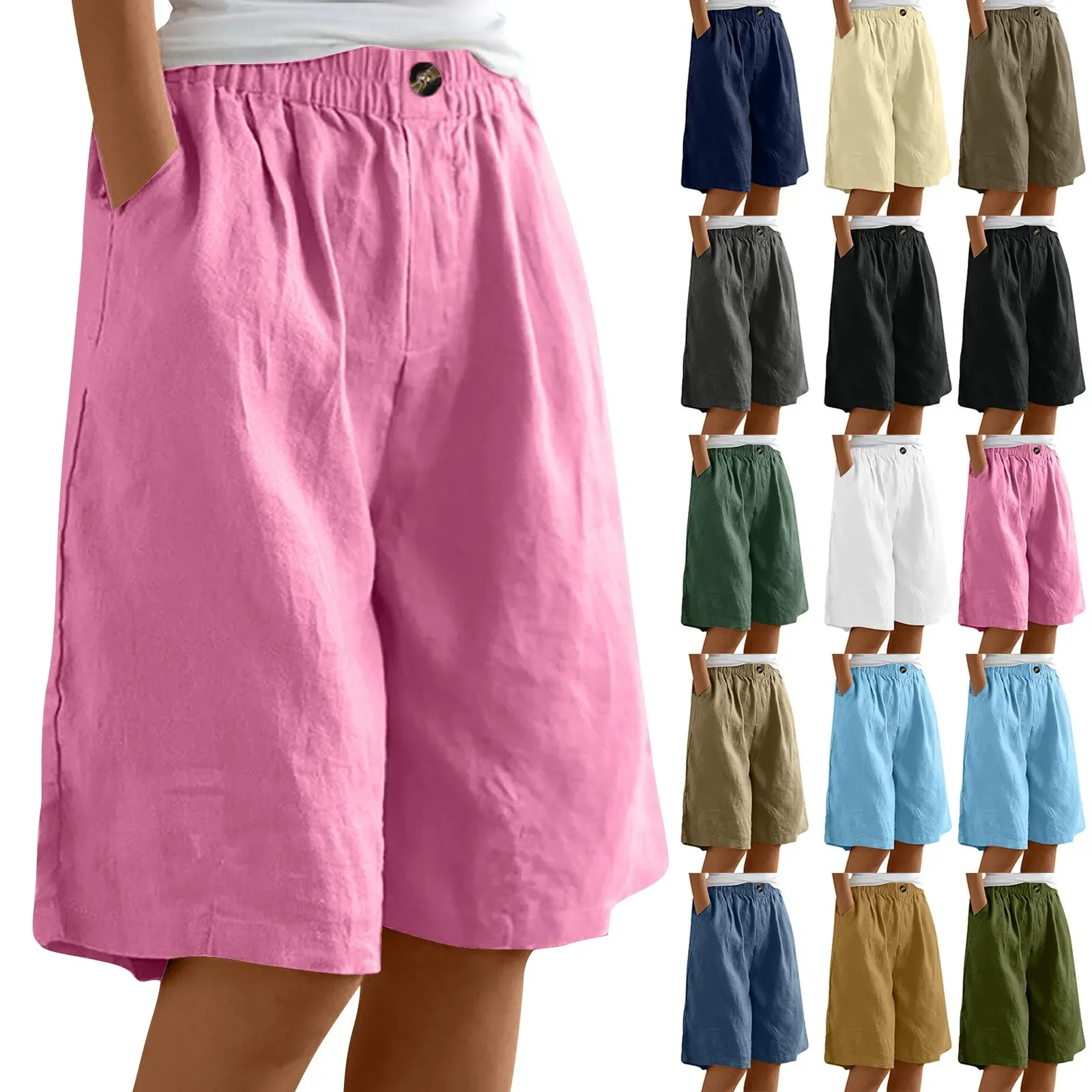 Cotton Linen Shorts Women Summer New Solid Vintage Elastic Waist Wide Leg Pants Casual Loose Five Point Shorts Women Clothing