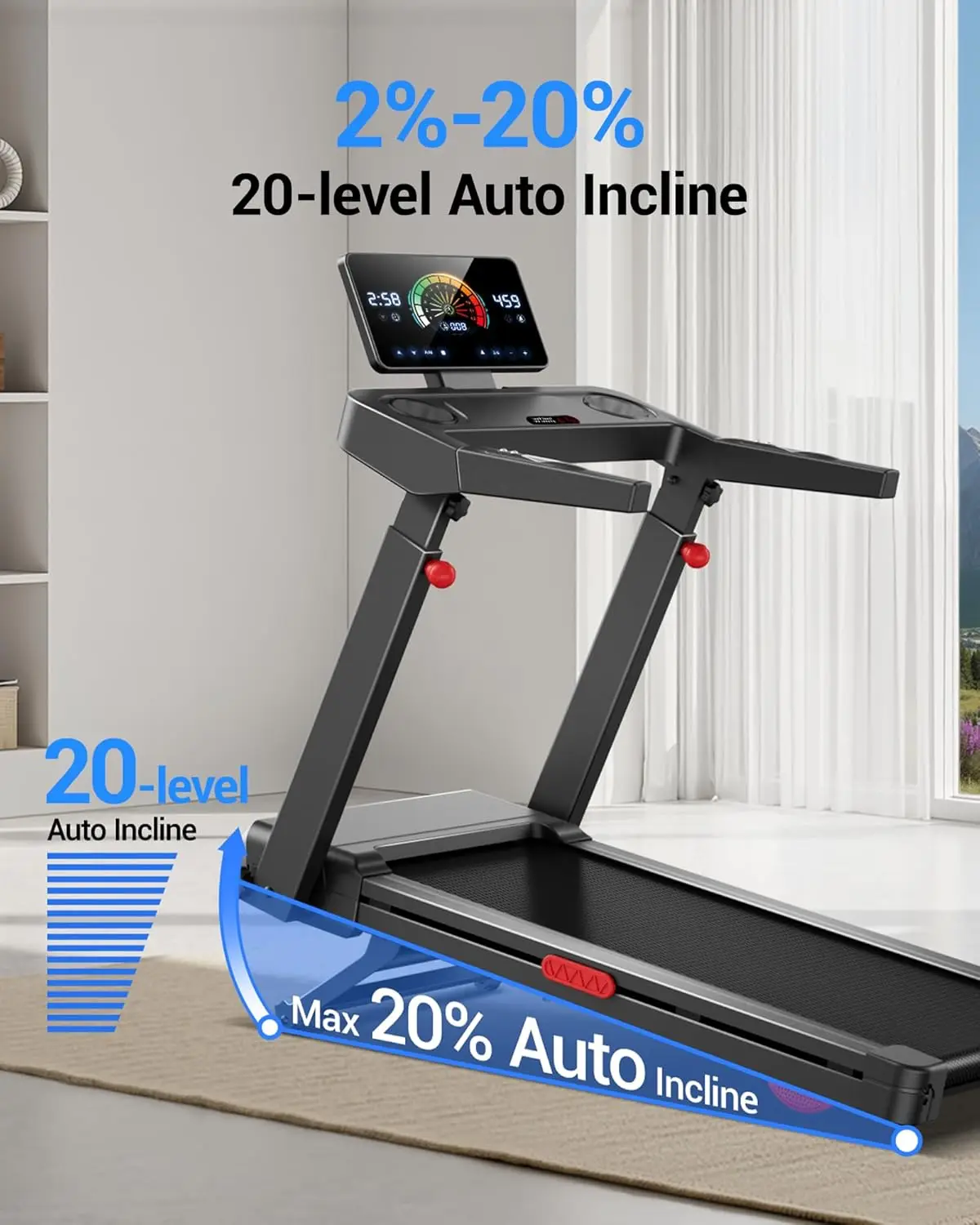 Home Treadmill with Auto/Manual Incline 0-20%, Portable Running Machine 300-400lb Capacity, 3.0-3.5HP Quiet Motor, Adjustable Handle Height for Home Use