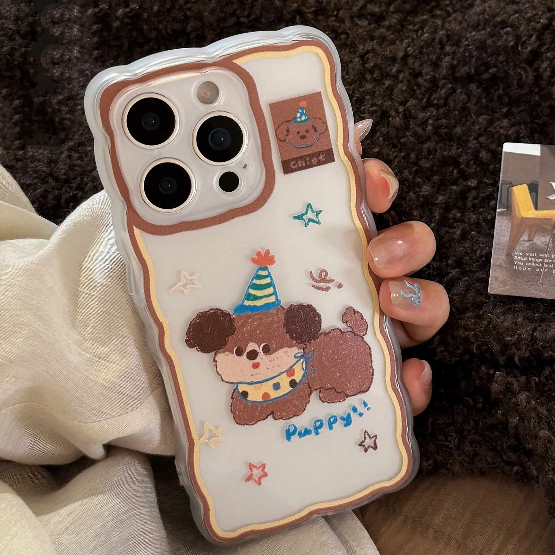 Koreanische süße Cartoon-braune Welpen-gewellte Handyhülle für iPhone 16, 15, 14, 13, 12, Pro Max, transparente, weiche, stoßfeste Schutzhülle