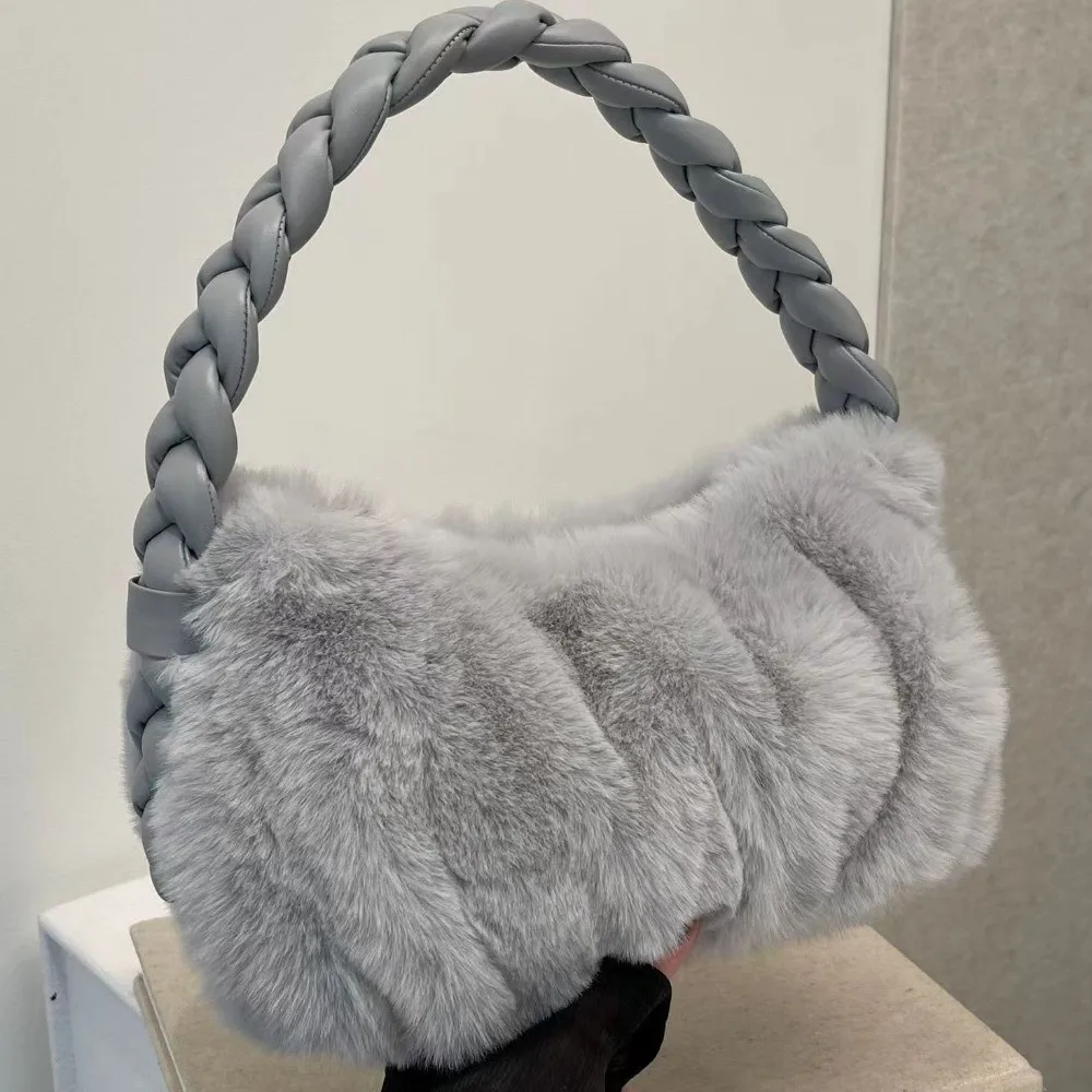 

Elegant Furry Shoulder Bag Fluffy Soft Plush Handbag Solid Color Zipper Tote Bag