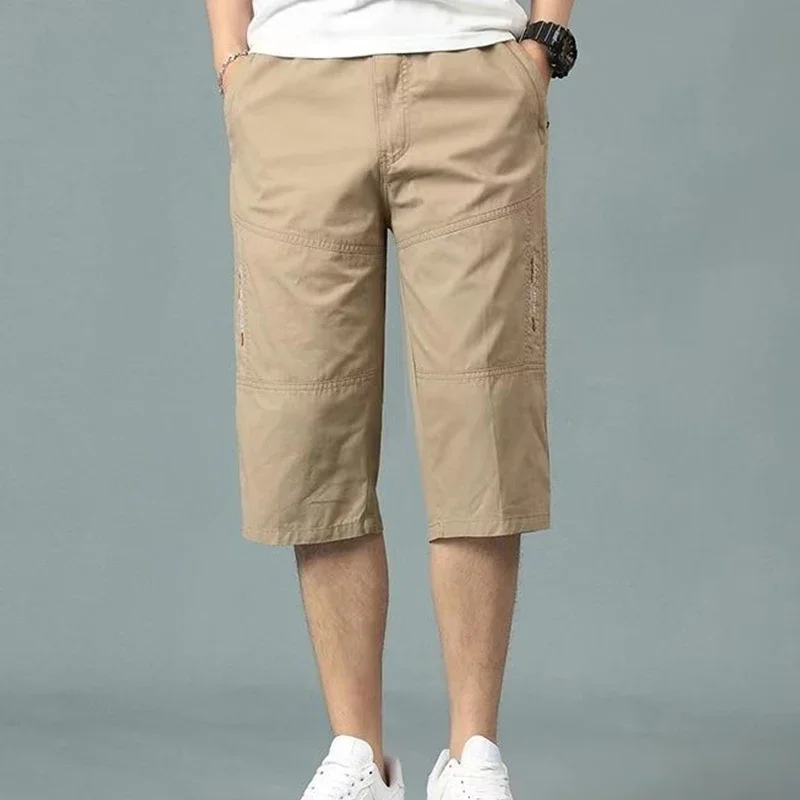 Loose Casual Elastic Waist Drawstring Pure Cotton Knee Length Shorts Male Solid Color Fashion All-match Straight Trousers XT932