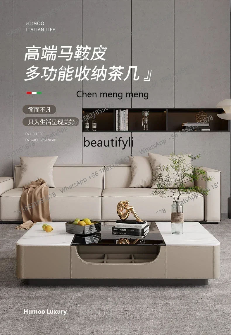 32Light luxury saddle leather coffee table modern home living room rectangular solid wood multi-functional storage coffee table