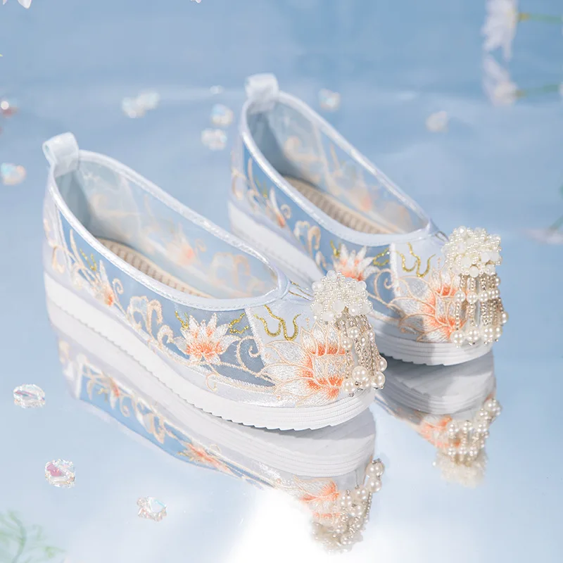 Cy230 2024 Zomer Nieuwe Mesh Ademende Platte Parel Franje Strik Schoenen Oude Stijl Hanfu Schoenen Vrouwen