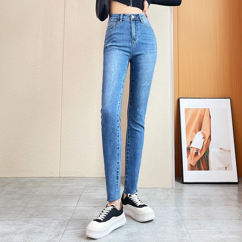 

Женские джинсы Slim Fit с высокой талией из эластичного хлопкового денима, модные летние новинки, укороченные джинсы-клеш, европейские товары