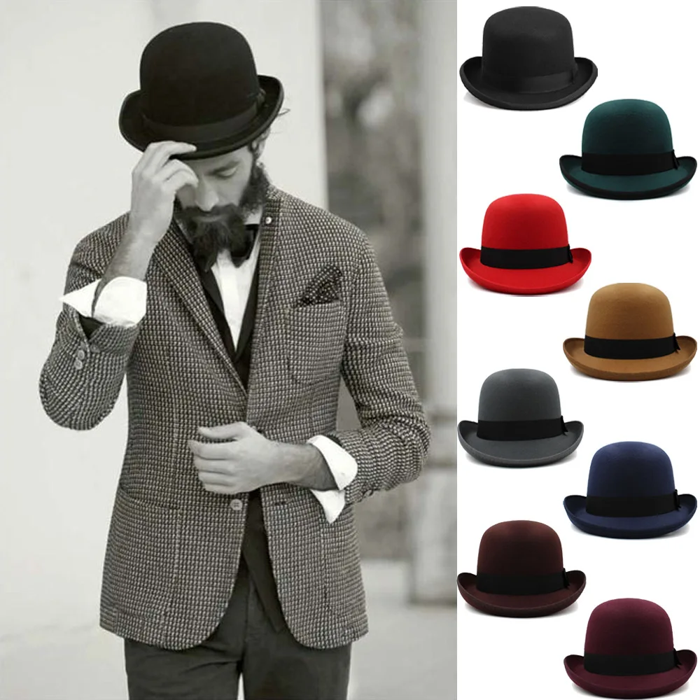 

Magic Hat Women's Wide Brim Tweed Bowler Hat England Street Dance Men's Jazz Hat Winter Solid Color Felt Hat