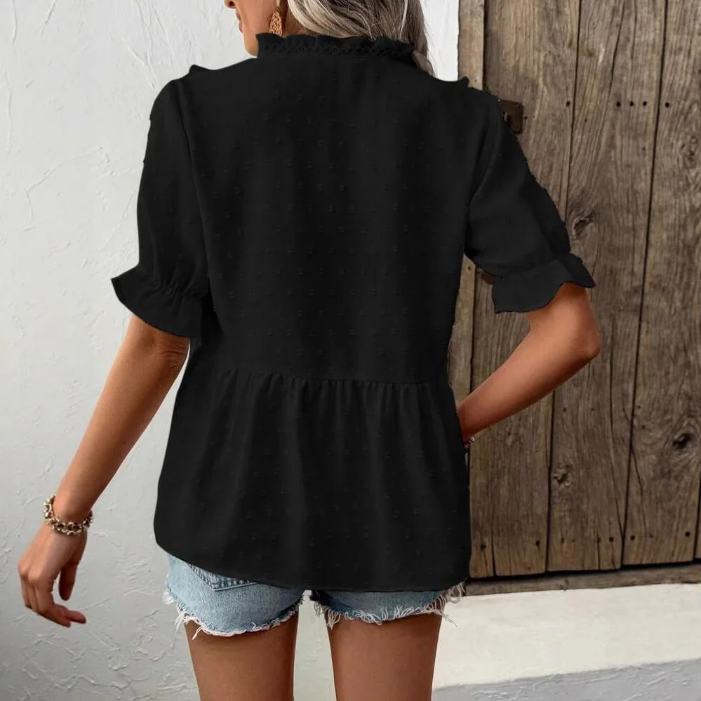 Blusa blanca holgada informal de verano para mujer, Tops y camisas de encaje de media manga con volantes y cuello en V a la moda, blusas elegantes para mujer 2025