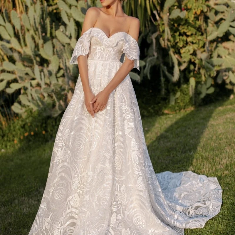 

Tulle A Line Princess Appliques Wedding Dress Cap Sleeve Elegant Sweetheart Sequined Pearl Bridal Gown Vestidos De Novia