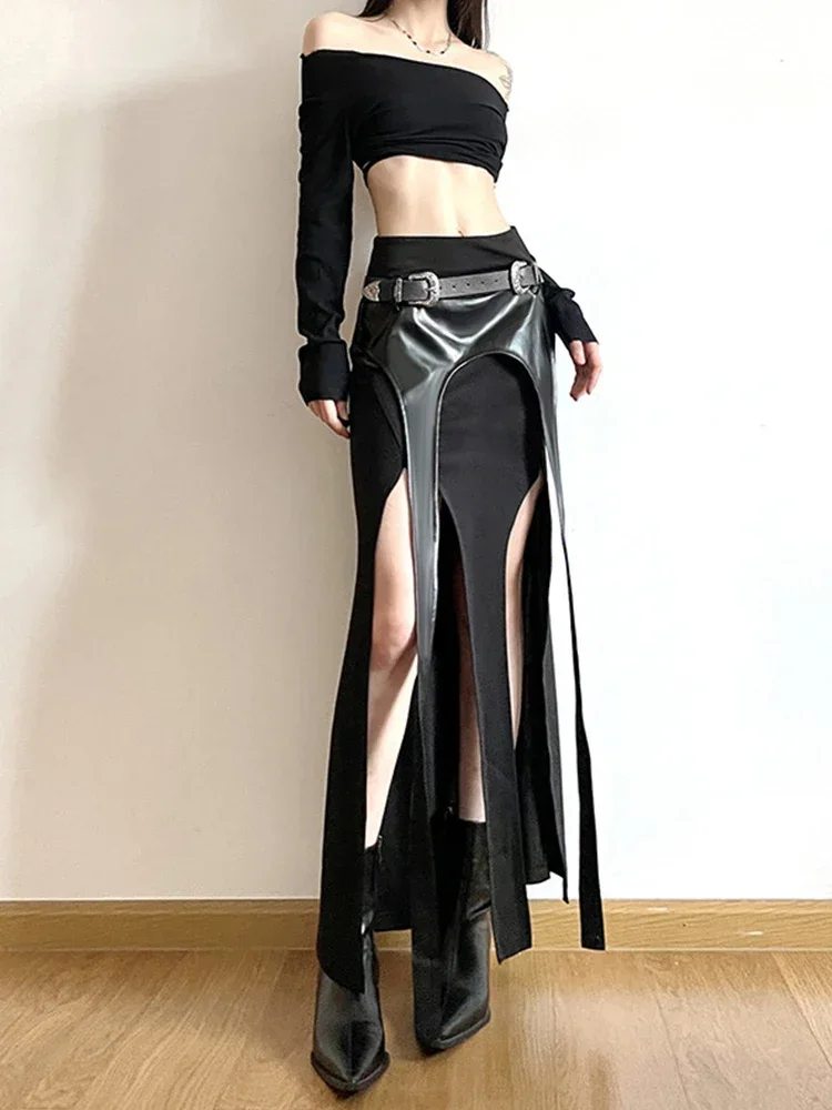 

AltGoth Harajuku Cyber Punk Irregular Skirt Women Dark Academia Gothic Streetwear Y2k Pu Leather Patchwork Belt High Waist Skirt