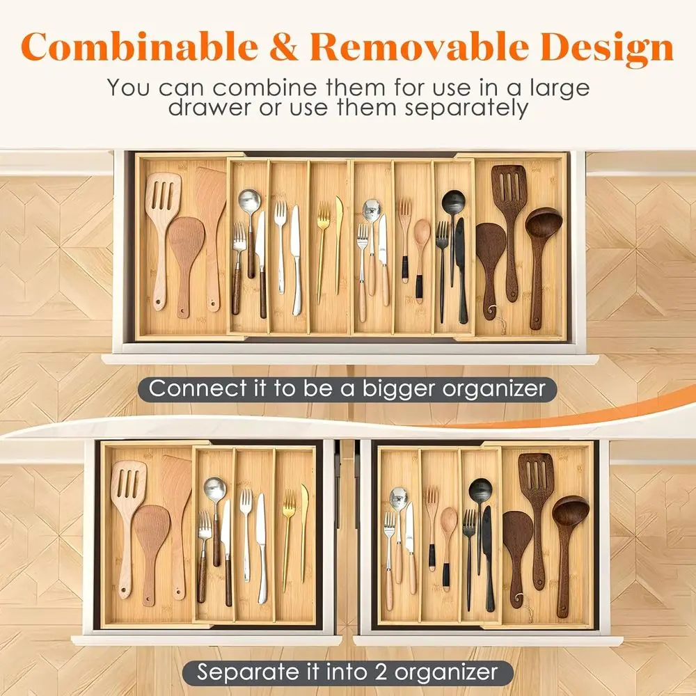 Расширяемый бамбуковый органайзер для кухонного ящика для посуды, ширина 21,4-36 дюймов, регулируемый поднос для столового серебра для хранения столовых приборов
