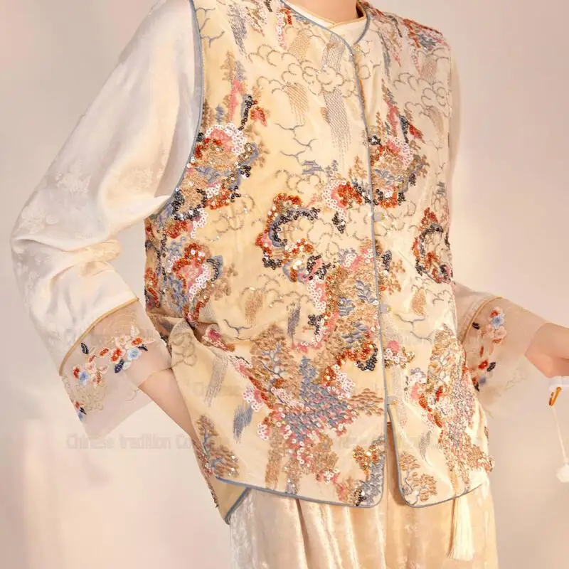 Ropa Estilo Tang Chino, Top Qipao de Lujo con Bordado de Lentejuelas, Chaleco sin Mangas, Chaqueta Hanfu Elegante para Mujer, Abrigo Chesongam Mejorado