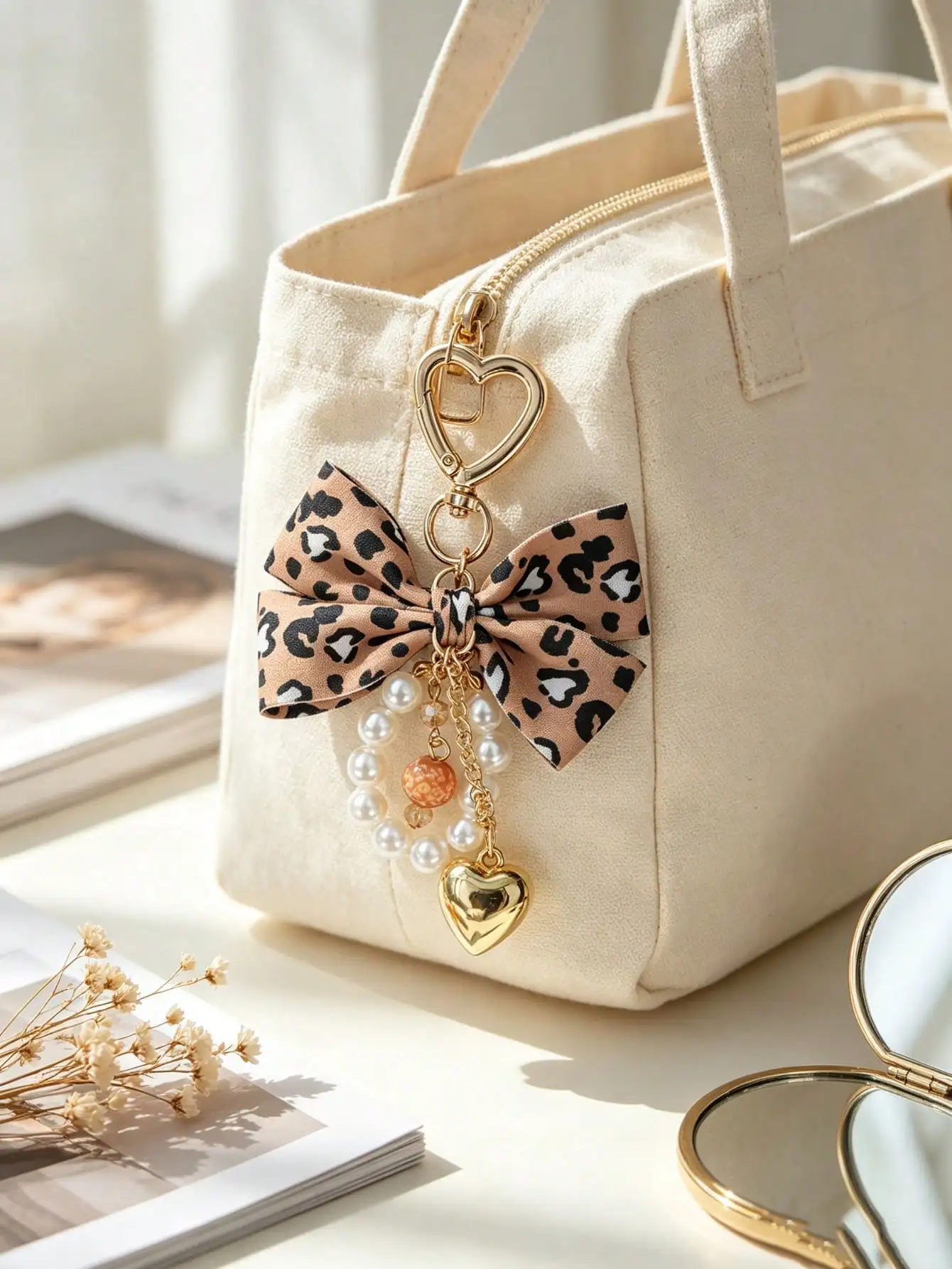 Leopardenmuster-Schleifen-Schlüsselanhänger mit Herzanhänger, einfacher Taschenanhänger für Damen, Perlen-Schlüsselanhänger, Perlenanhänger, Geschenk für Frauen – Detail 17