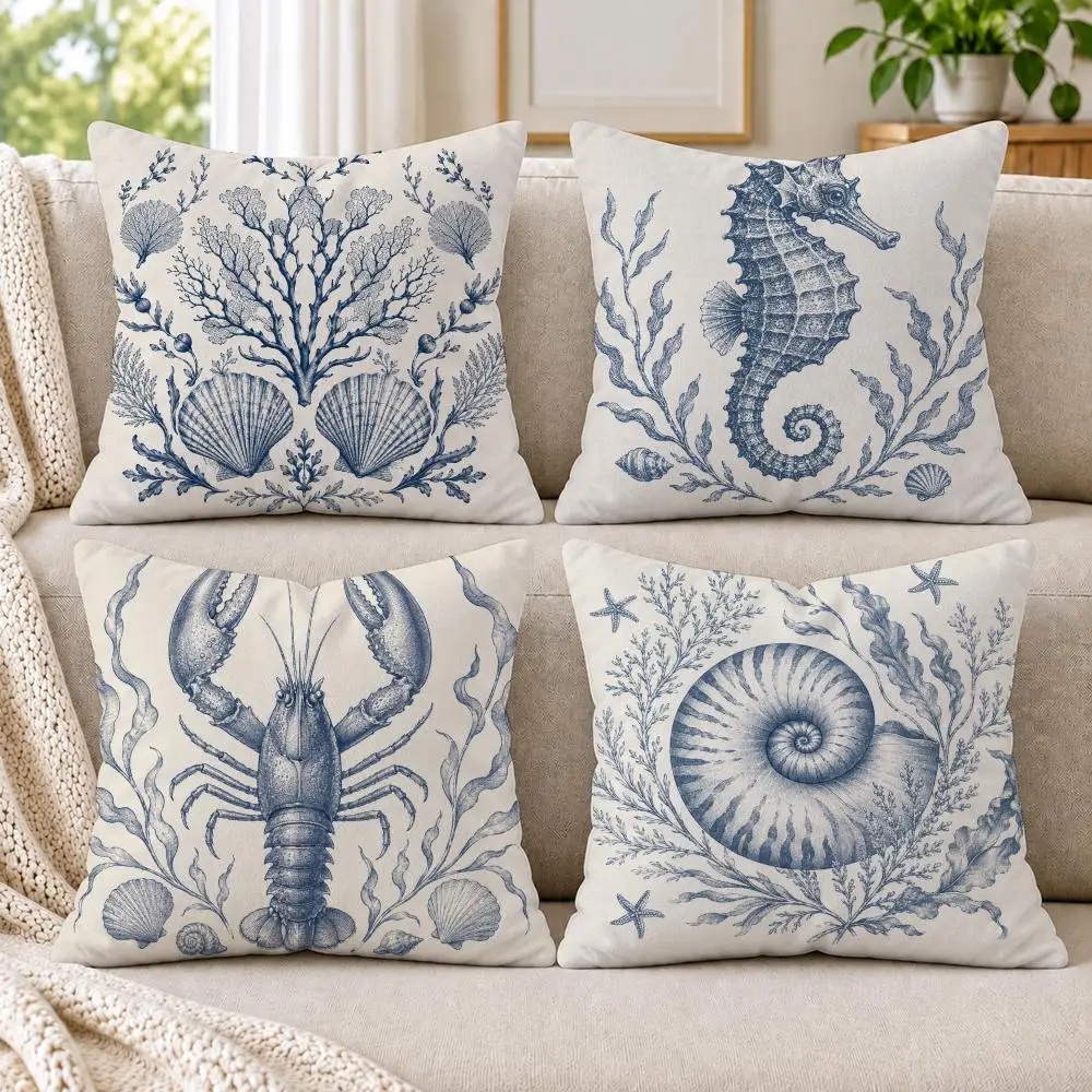 Coastal Blue Ocean Wave Pattern Cushion Cover Soft Short Plush Pillow Cases Hidden Zipper Cutecore Sofa Bedroom Home Decor Gift