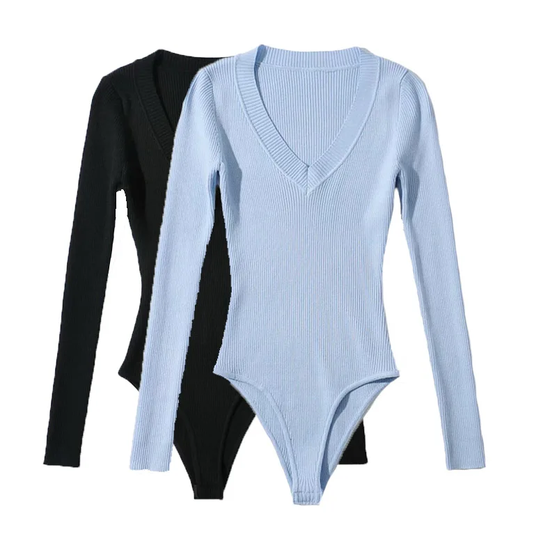 

Сексуальный облегающий вязаный боди с глубоким V-образным вырезом, эластичный, с длинным рукавом, базовый, осенне-зимний, новинка