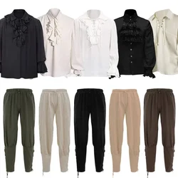 Plus Size 5XL Medieval Renaissance Cosplay Bandage Stand Collar Shirt Top Pirate Pants for Men Blouse Loose Male Casual Costume