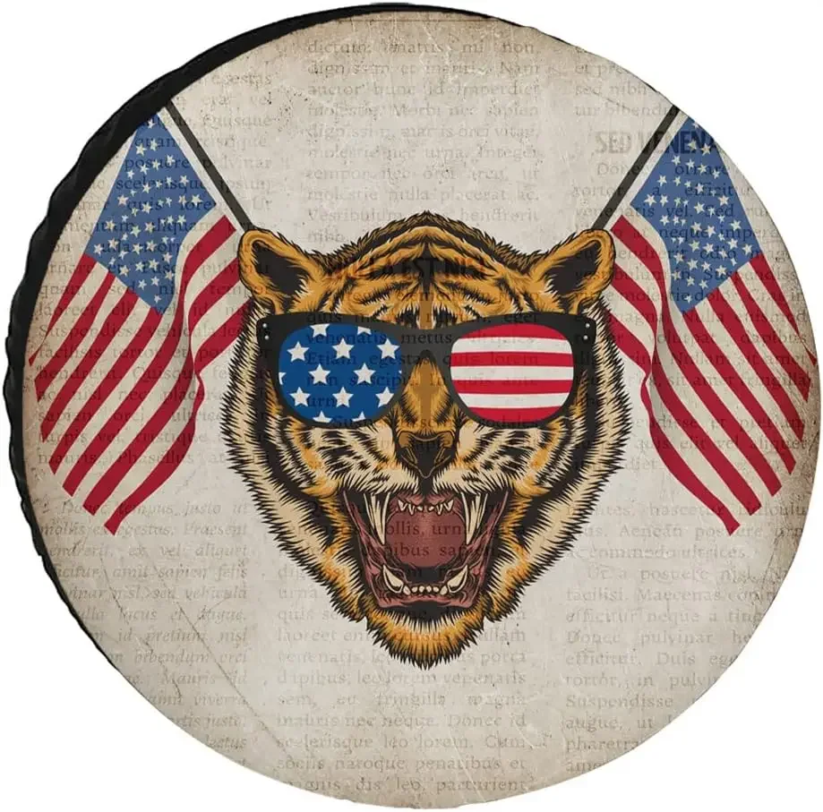 American Flag Tiger Spare Tire Cover Weatherproof Dustproof Universal Tire Cover for RV Trailers Motorhomes SUV Camping