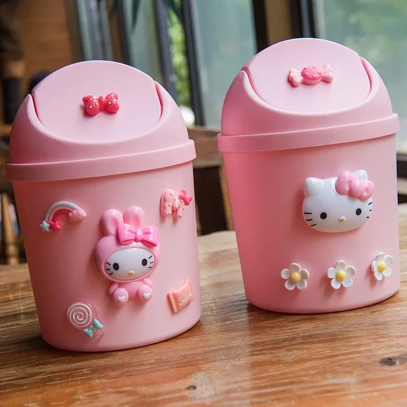 Sanrio Kawaii Hello Kitty Desktop Trash Can My Melody Anime Cartoon Lovely Bedroom Kitchen Mini Creative Storage Bucket with Lid