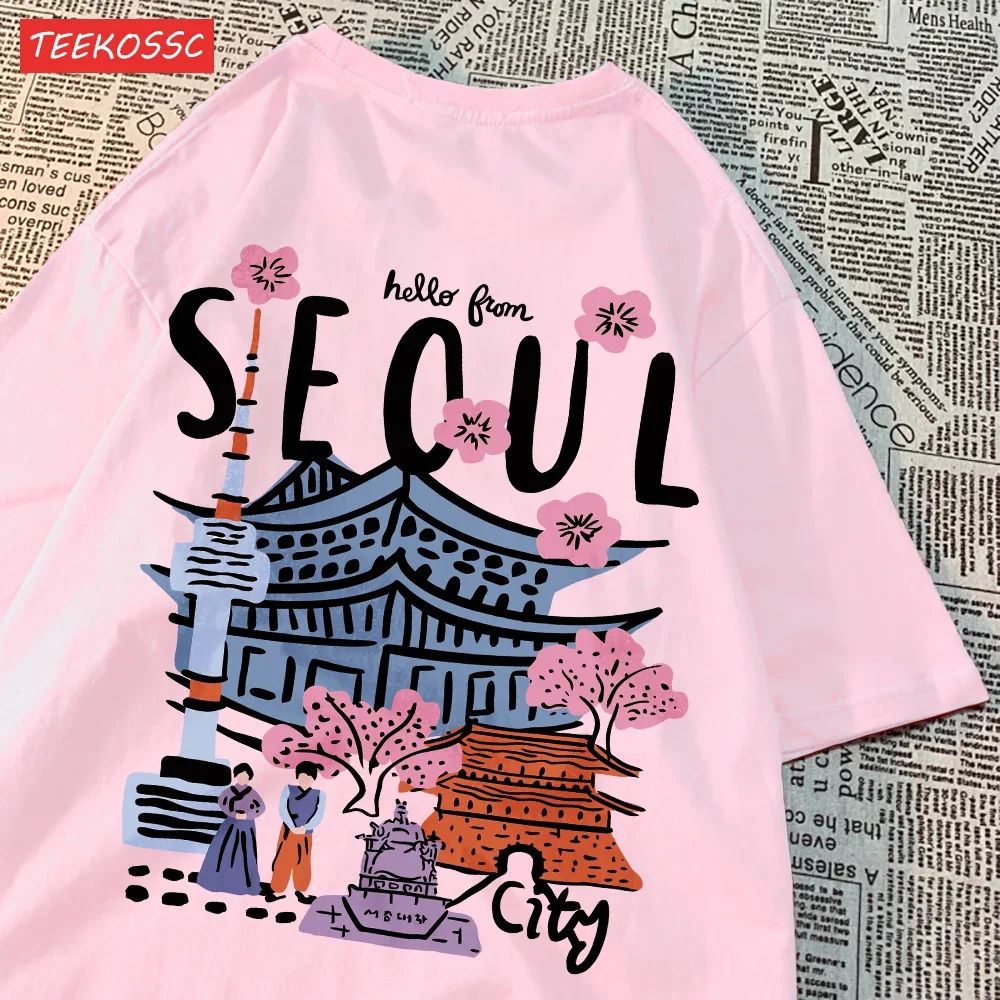 Casual Womens T-Shirts Seoul Beautiful Scenery Printed Short Sleeve O-Neck Breathable Oversize Fashion Female Clothes