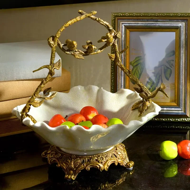 Ceramic design and brass fittings Fruit tray project Interior decoration tray with handle for living room Kitchen basket