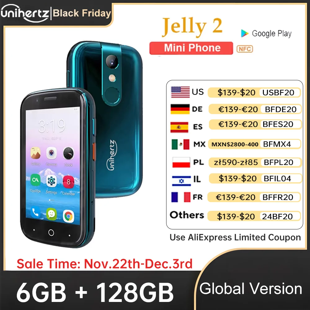 Unihertz Jelly 2 Small Smartphone, Helio P60 Octa Core, Android 11, 6GB + 128GB, 16MP, 2000mAh Battery, Dual SIM Mobile Phone