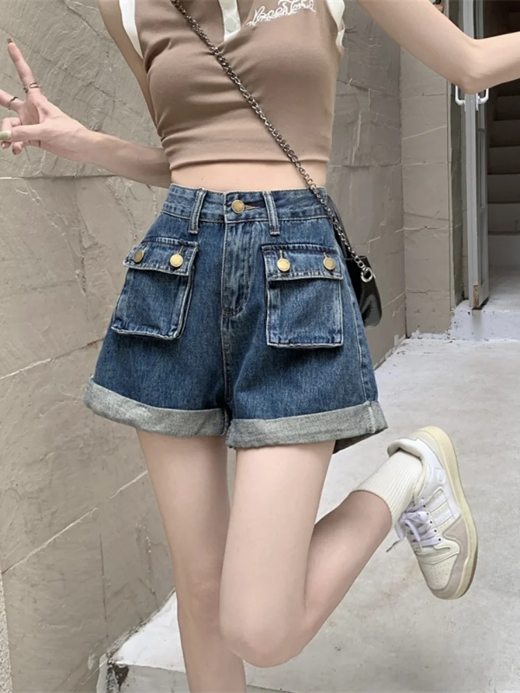 High Waist Double Pocket Pants Shorts Women's Loose Wide Leg Retro Summer Fashion Design Sensation Hot Shorts Trendy