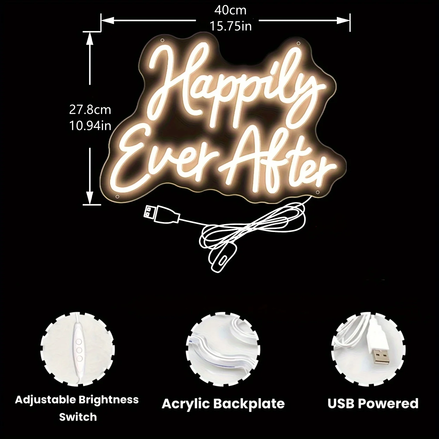Happily Ever After Neon Sign Wall-Mounted,USB-Powered with Adjustable Brightness for Wedding, Bedroom,Birthday Party,Home Decor