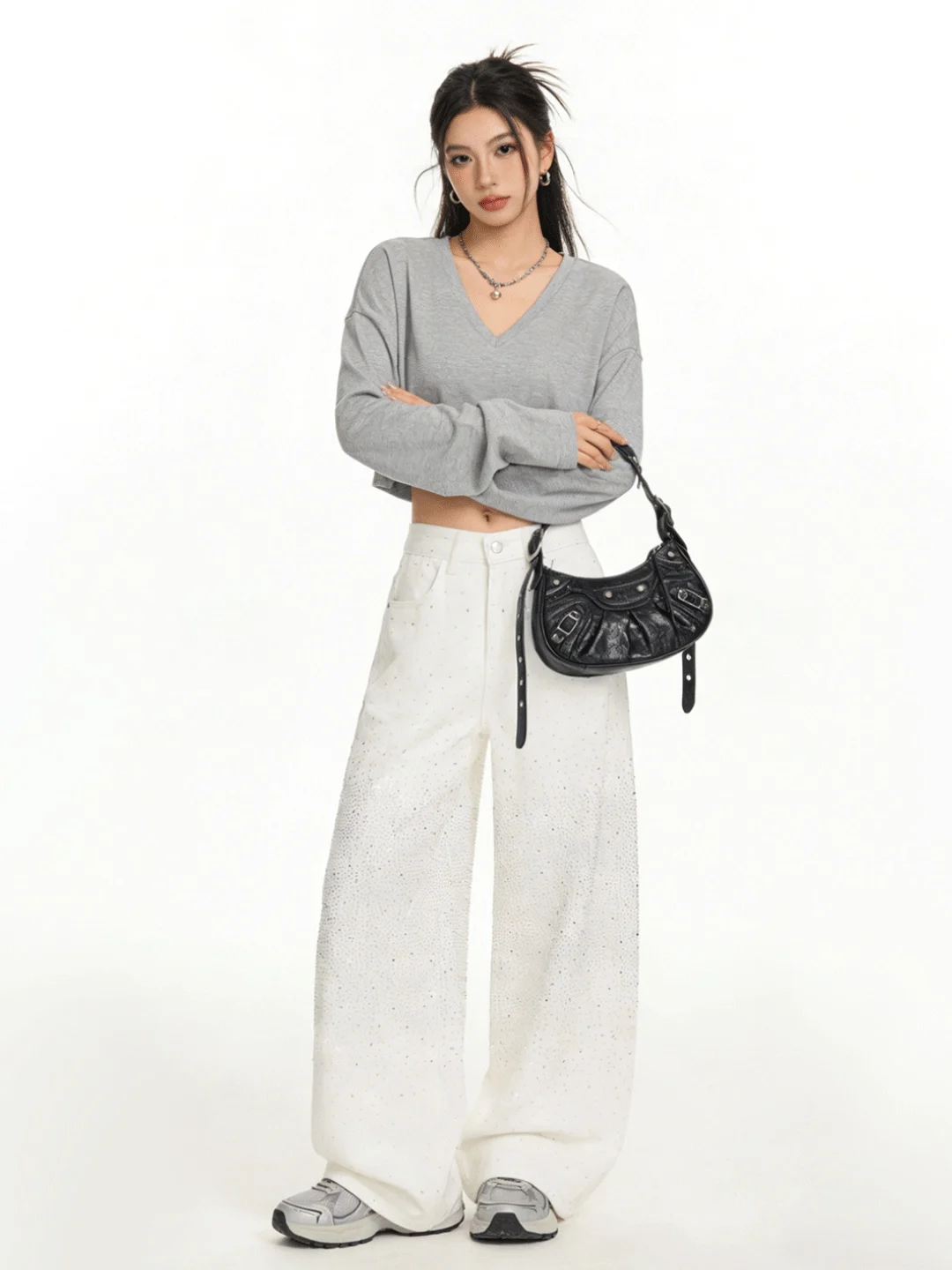 

Korean Sle White Agel Glittering Loose Soft Skin-friendly Jeans Floor-length Slimming Casual ket Denim Pants