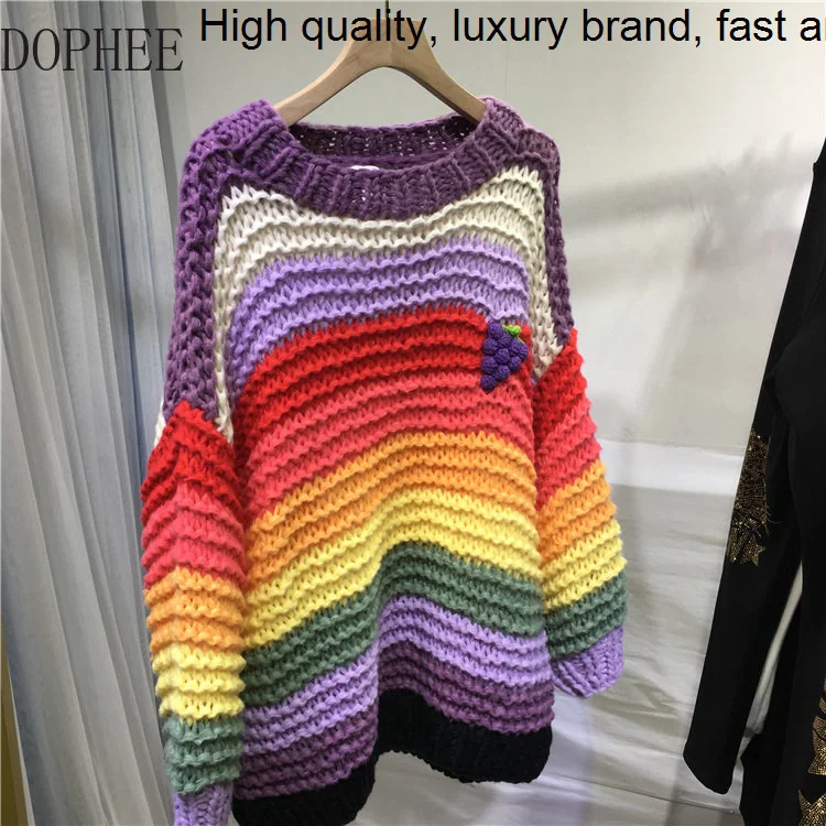 

Женский трикотажный свитер с круглым вырезом, радужной полосой и длинным рукавом