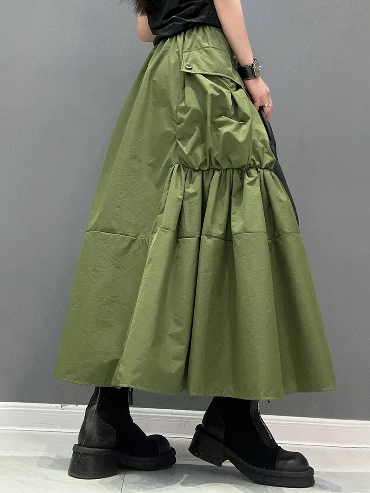 SHENGPALAE 2024 Spring Summer New Large Hem Halfskirt Military Green Pocket Casual Loose Versatile Skirt Women's Clothes 5R9835