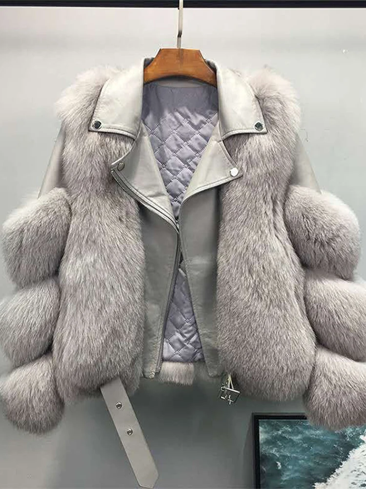 Chaqueta de cuero de lujo para mujer, abrigo mullido de manga larga de retales a la moda, prendas de vestir exteriores elegantes y gruesas para mujer XQ124
