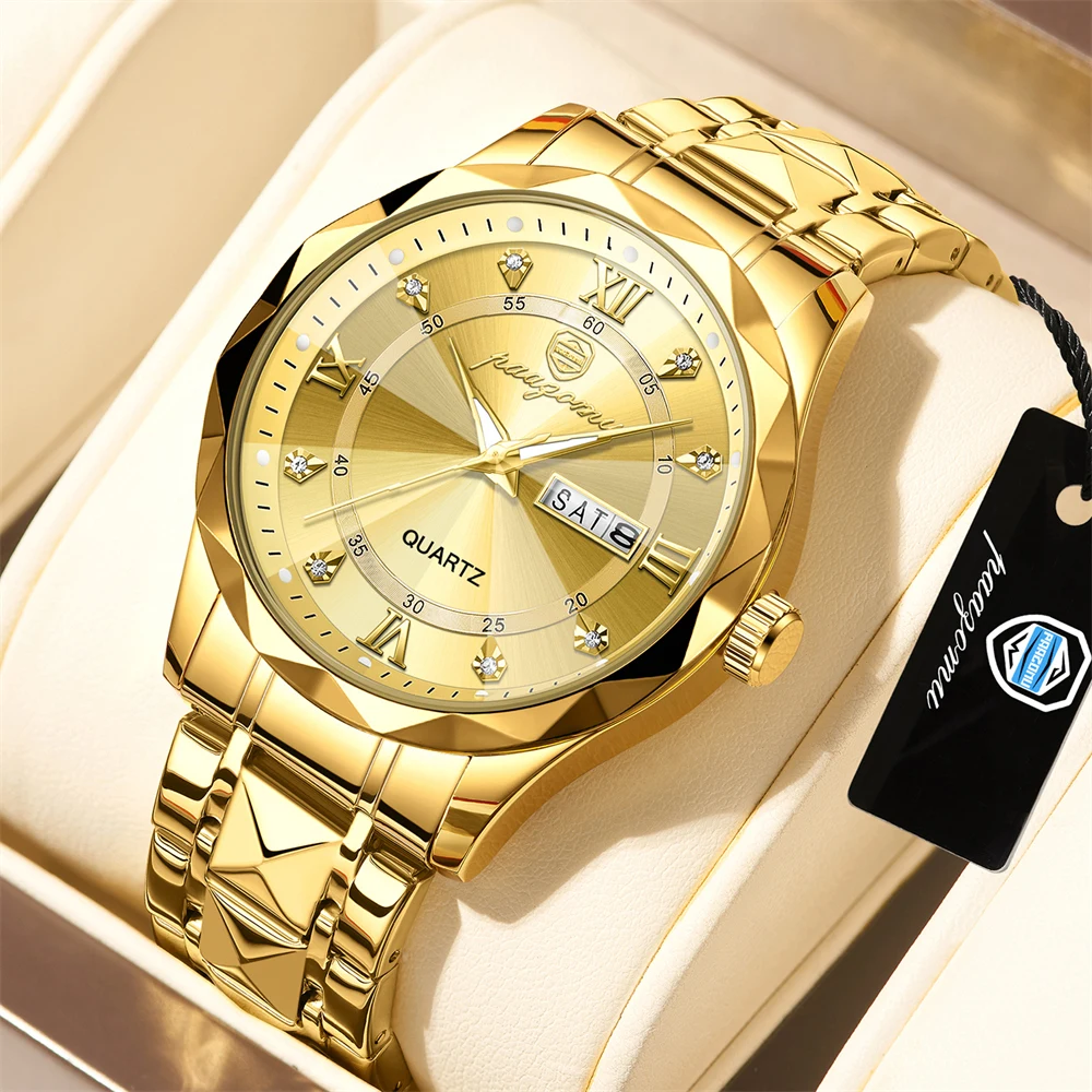 Fashion Mens Gold Stainless Steel Watches Luxury Minimalist Quartz Wrist Watch Men Business Casual Calendar Watch Reloj Hombre