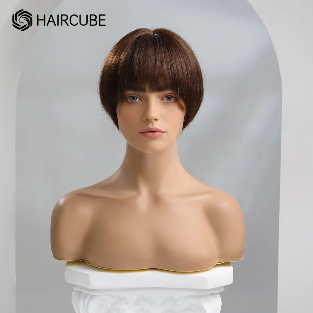 HAIRCUBE Wig Rambut Manusia Alami untuk Wanita Wig Bob Pendek dengan Wig Rambut Remy Lurus Berlapis Coklat Tua Tahan Panas