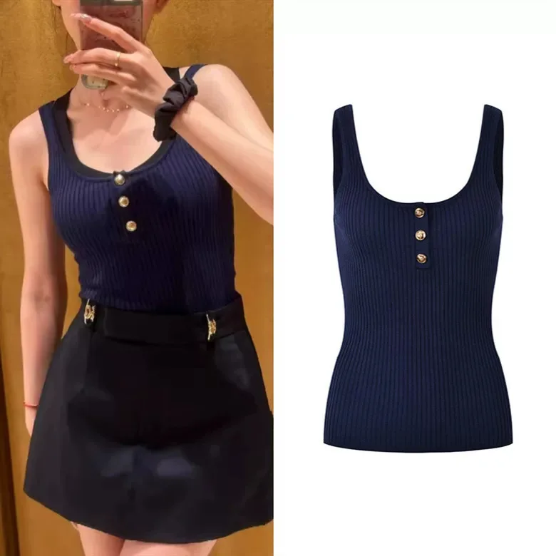 

Эластичный облегающий жилет с U-образным ремешком, модная верхняя одежда для поездок на работу, топ, лето 2024, женский вязаный свитер из ледяного шелка