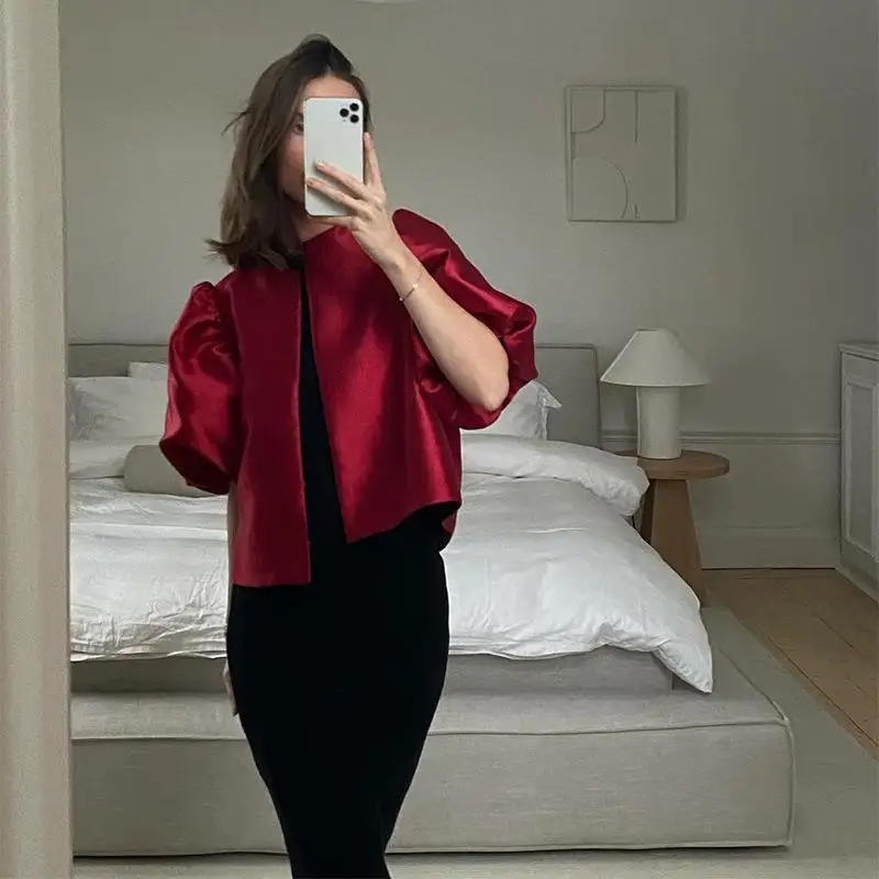 

Pure Color Satin Bubble Sve Top ort Comfortable Faionable Attractive Ele Sle Women's irt Five Sve Length