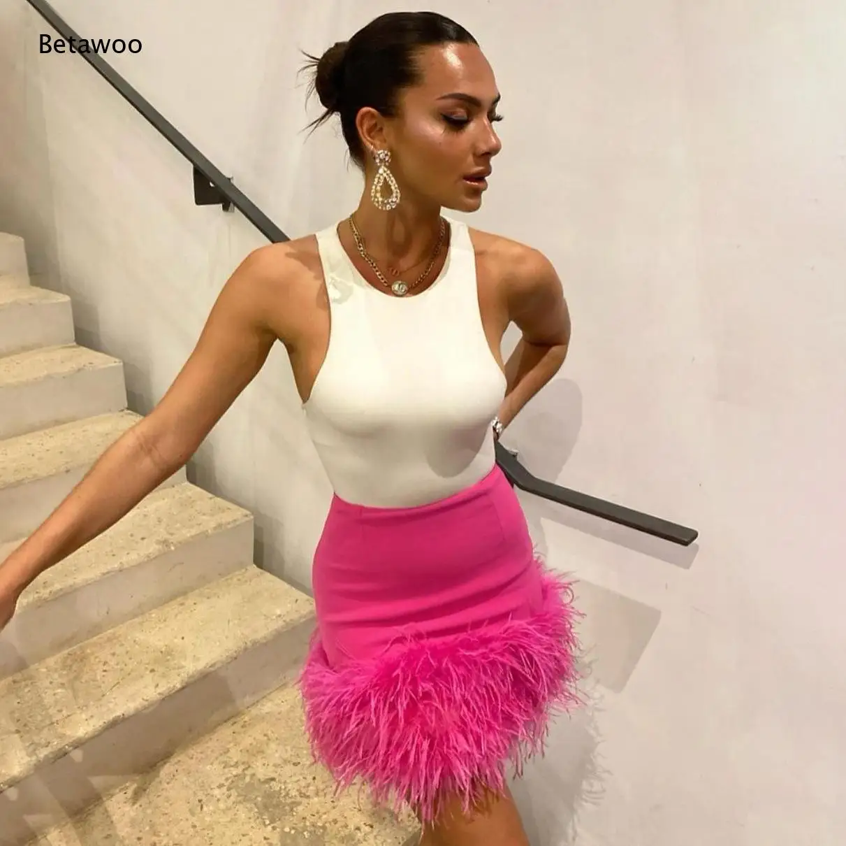 Hot Pink Bodycon Mini Skirt Fluffy Ostrich Feather Hem Pencil Skirt Club Party Night Out Bottom for Women