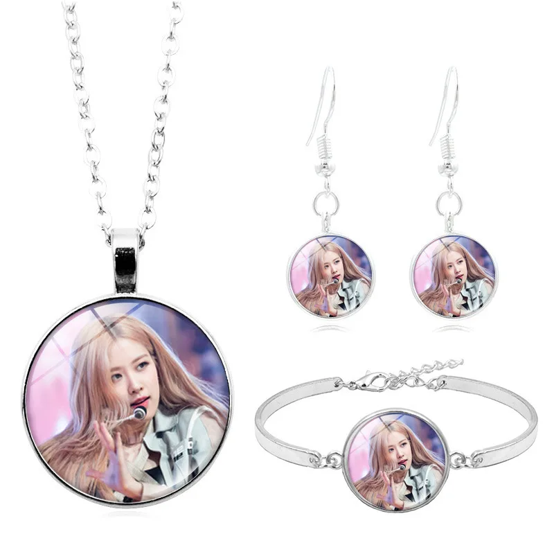 Korean Girls Group ROSE LISA JISOO JENNIE Trendy Fashion Kpop Jewelry Necklace Baracelet Earrings Set for Woman Girl Friend Gift