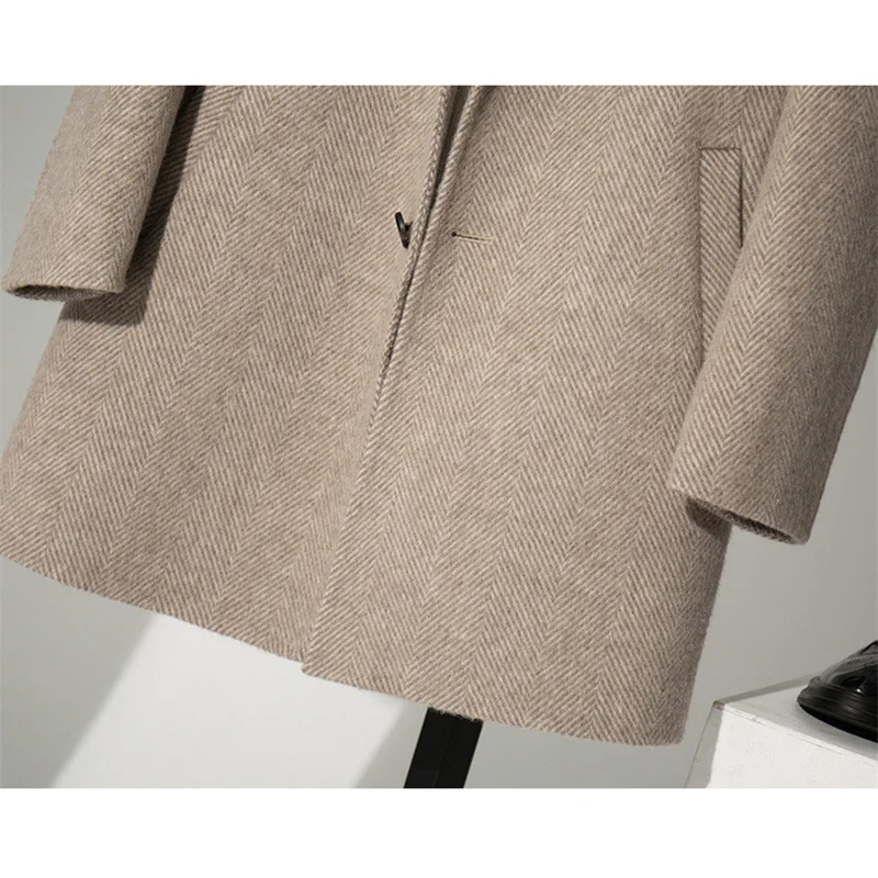 شقة طوق الرجال معطف الخريف الشتاء منتصف طول متعرجة واحدة الصدر السترة الصوف مزيج سليم صالح بدلة على الموضة جاكيتات 2025 #4
