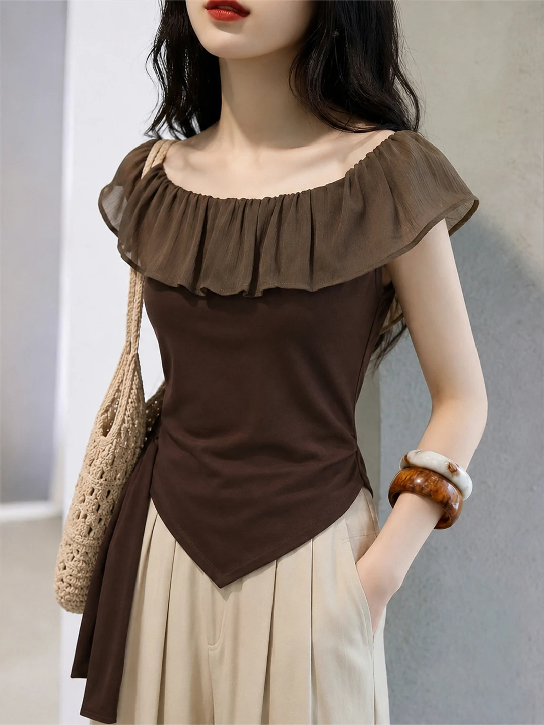 

Fashionable Ruffle Hem One Shoulder T-Shirt Women's Summer Vintage Top Stylish Versatile Korean Style Short Sleeve Tee