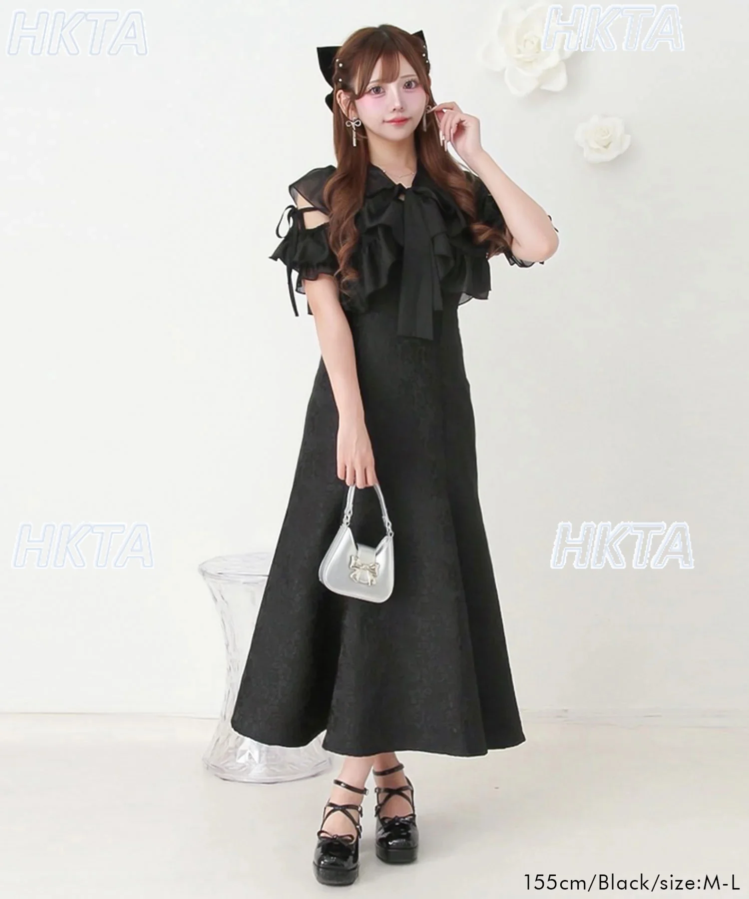 Japanese 2026 Spring Jacquard Sweet Ruffle Bow Strap Black Tops Elegant Commuter Slim Long Fishtail Dress Two Piecse Sets Women