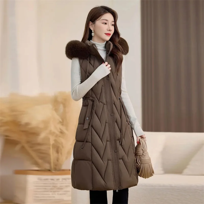 

Хутряный воротник с капюшоном, пуховый хлопковый жилет, женский зимний средней длины, плотный, весна-осень 2024, новая корейская версия, свободное пальто