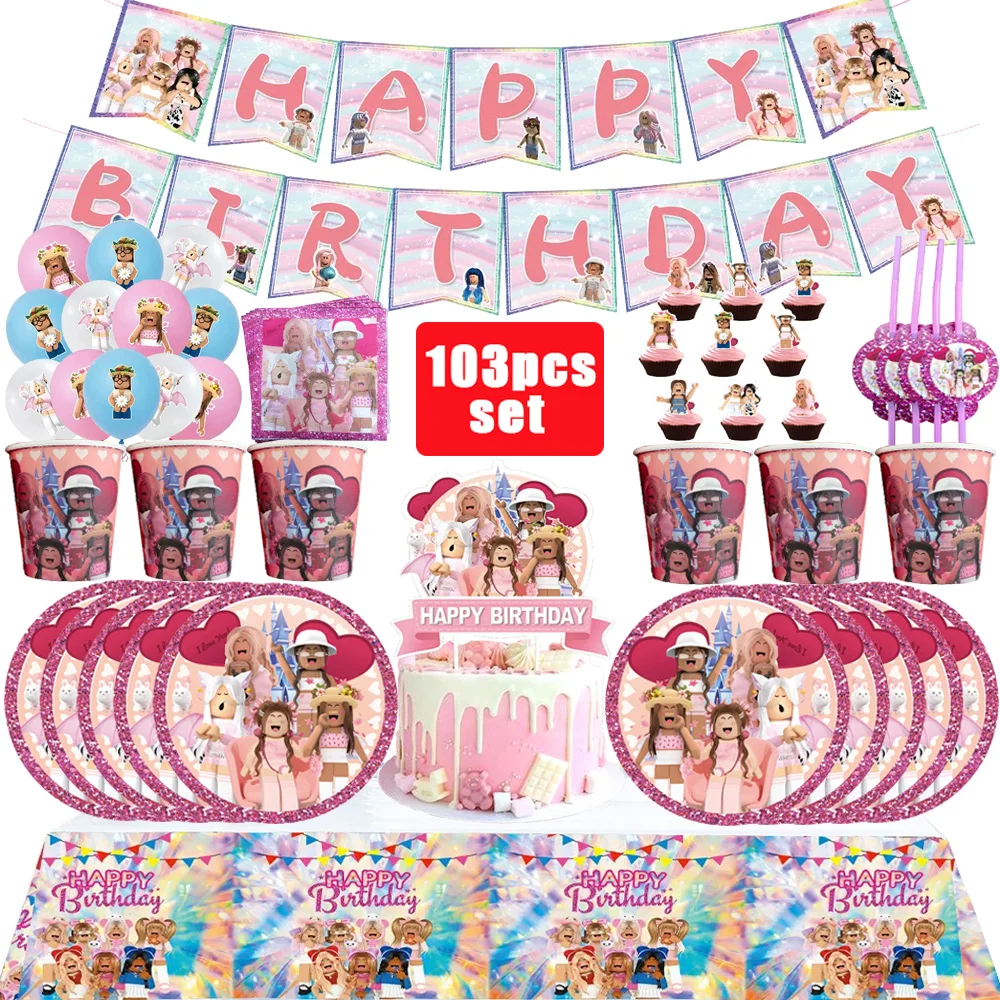 مجموعة ألعاب تزيين حفلات أعياد الميلاد من روبلوكس الوردية، مفرش طاولة، بالون كعكة، طبق كوب، مستلزمات حفلات للفتيات #3