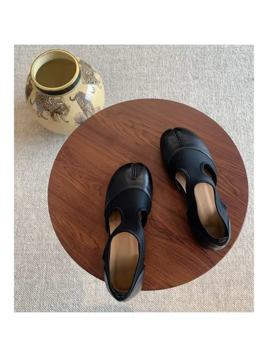 レトロな豚蹄型のつま先が特徴のバレエフラットシューズ-レディース-春夏新作-中空デザイン-サンダル-通勤-エレガント-メリージェーンシューズ