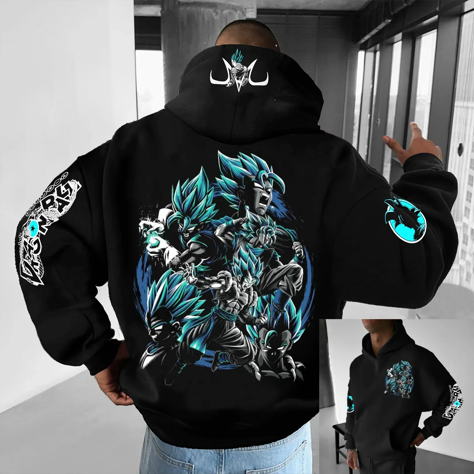 

Dragon Ball Z Black Hoodie Anime Character Print with Blue Energy Effect Teegamechanger Brand Unisex Cotton Streetwear Casual