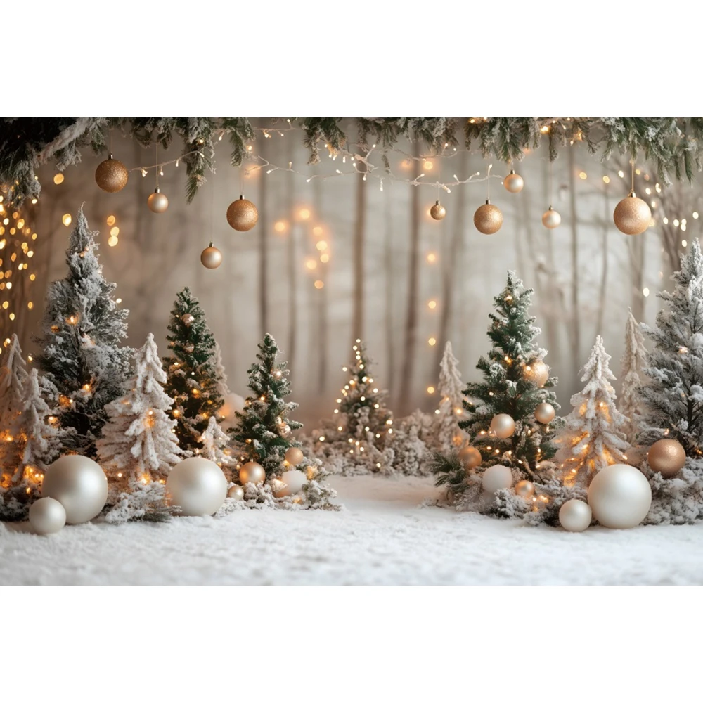 White Christmas Photography Background Xmas Pine Tree Gold Bells Winter Snow Kids Portrait Christmas Decor Backdrop Photo Studio