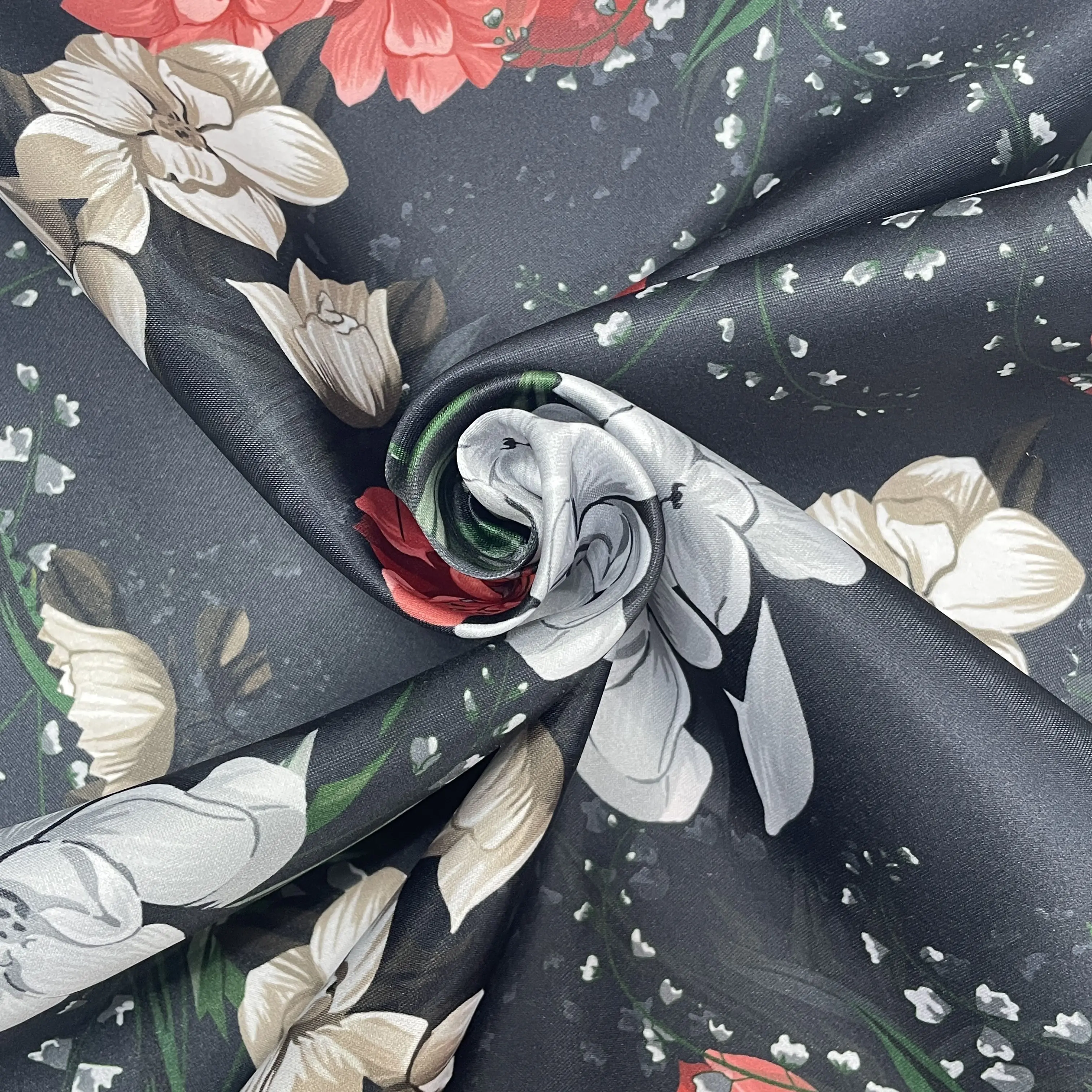 

China Textile Comfortable Soft Flower Design Digital Printed Matt Satin Fabric Evening Dress Patterns 100 Polyester Satin Fabric