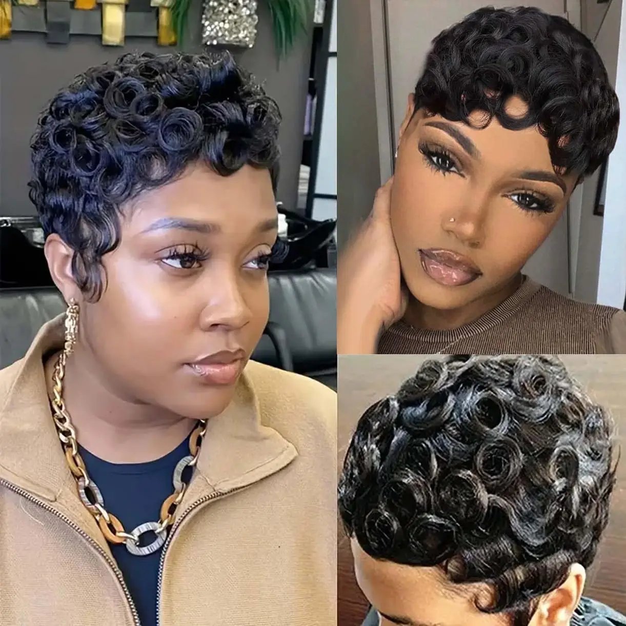 مجعد عابث قطع شعر مستعار للنساء أسود الطبقات قصيرة عابث قطع خصلات الشعر المستعار الإنسان البرازيلي عابث قطع آلة صنع 100% باروكة من شعر طبيعي