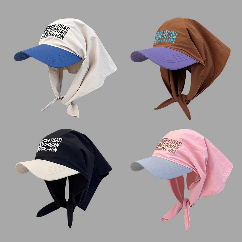 Color Block Letter Embroidery Baseball Cap for Women, Sweet Tie Band Peak Hat, Korean Spring Summer Outdoor Sun Cap